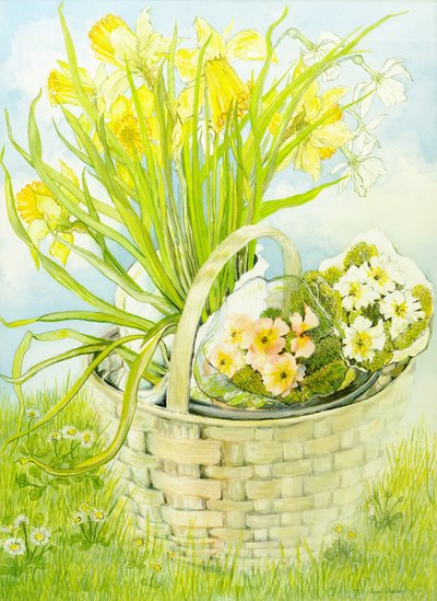 Daffodils and primroses in a basket by Joan Thewsey